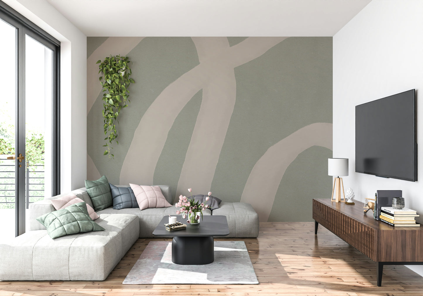 A graceful subtle curve wall mural in cool, tranquil tones.