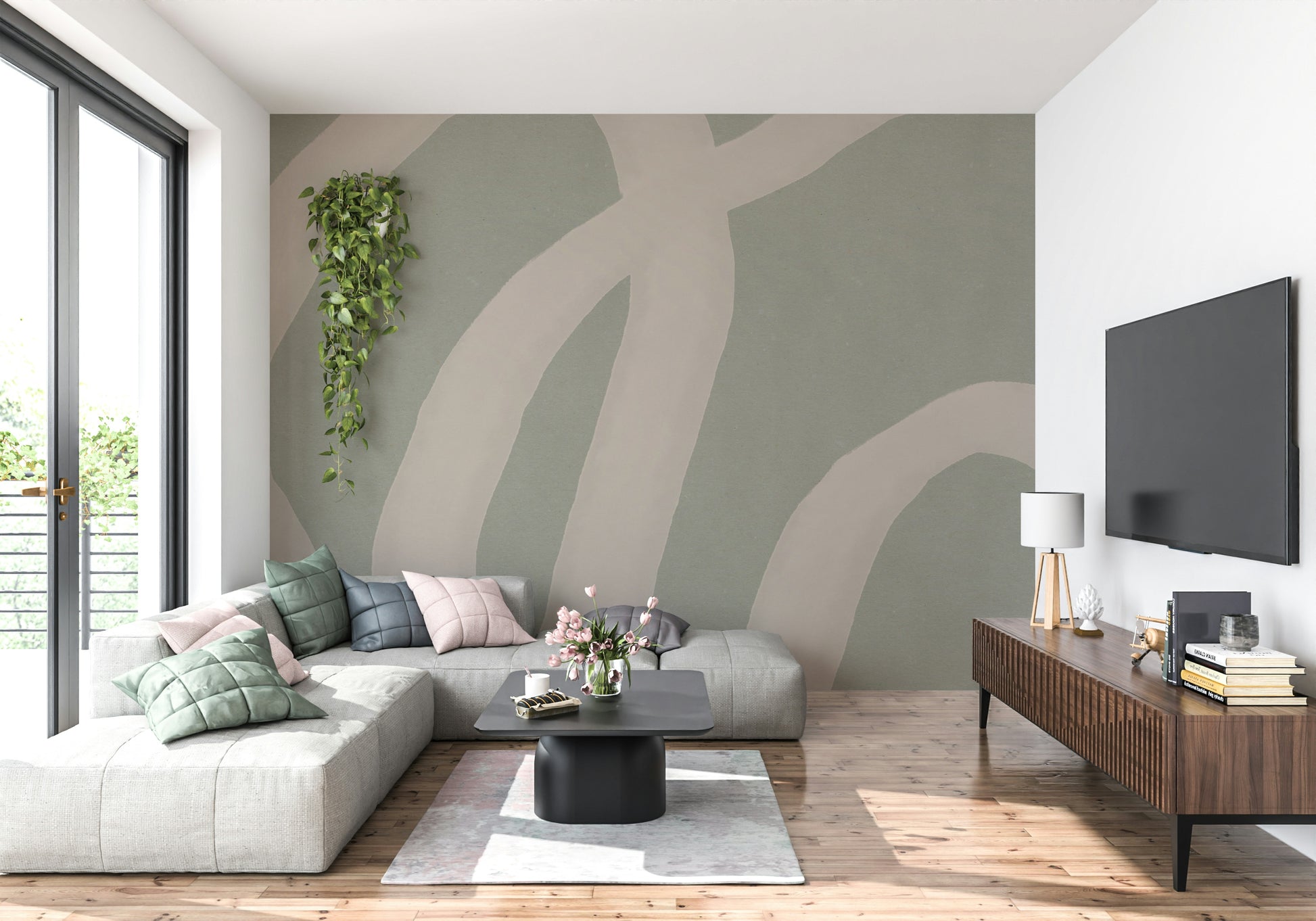 A graceful subtle curve wall mural in cool, tranquil tones.