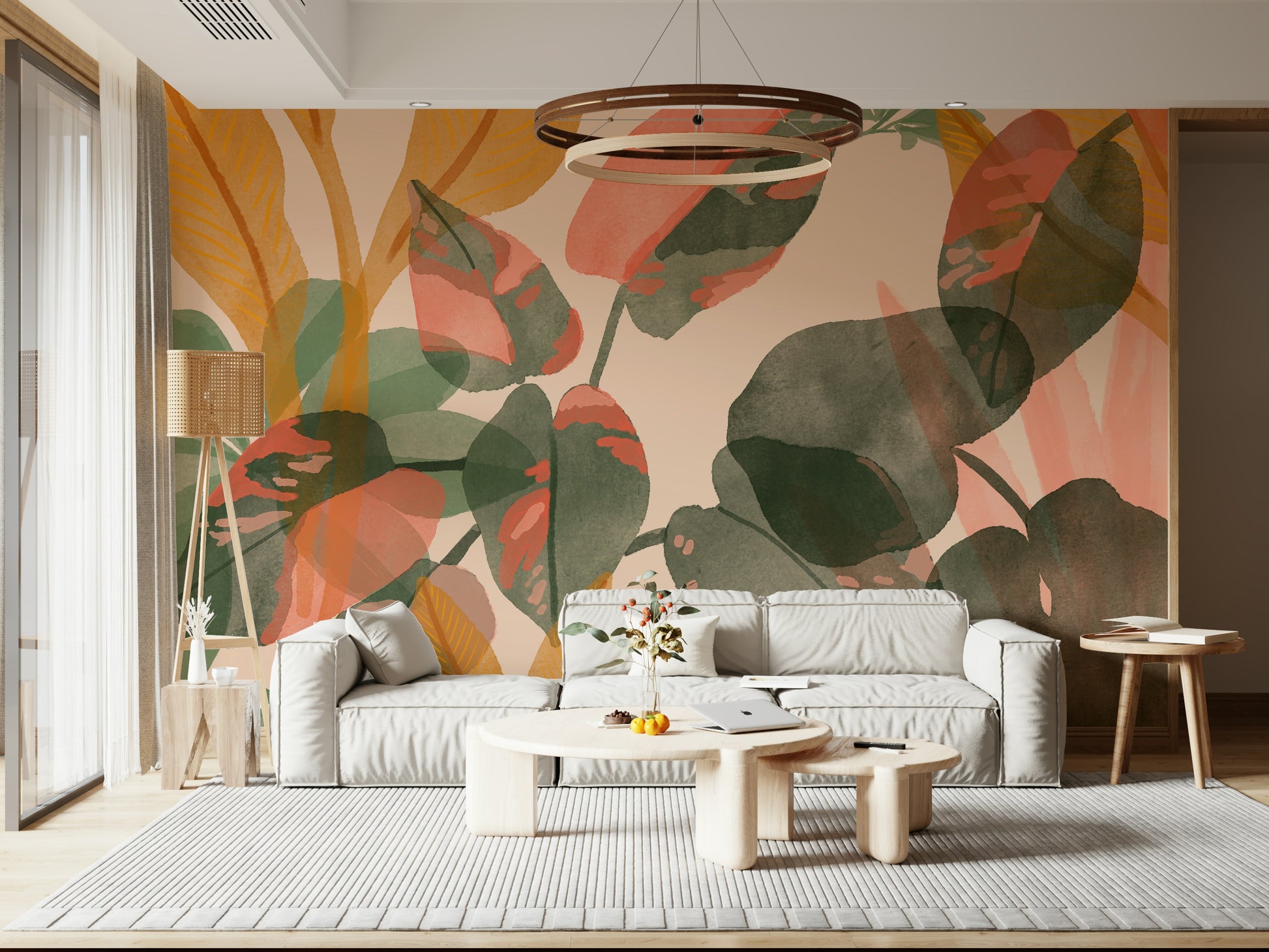An artistic delicate bloom mural on minimalist wallpaper.