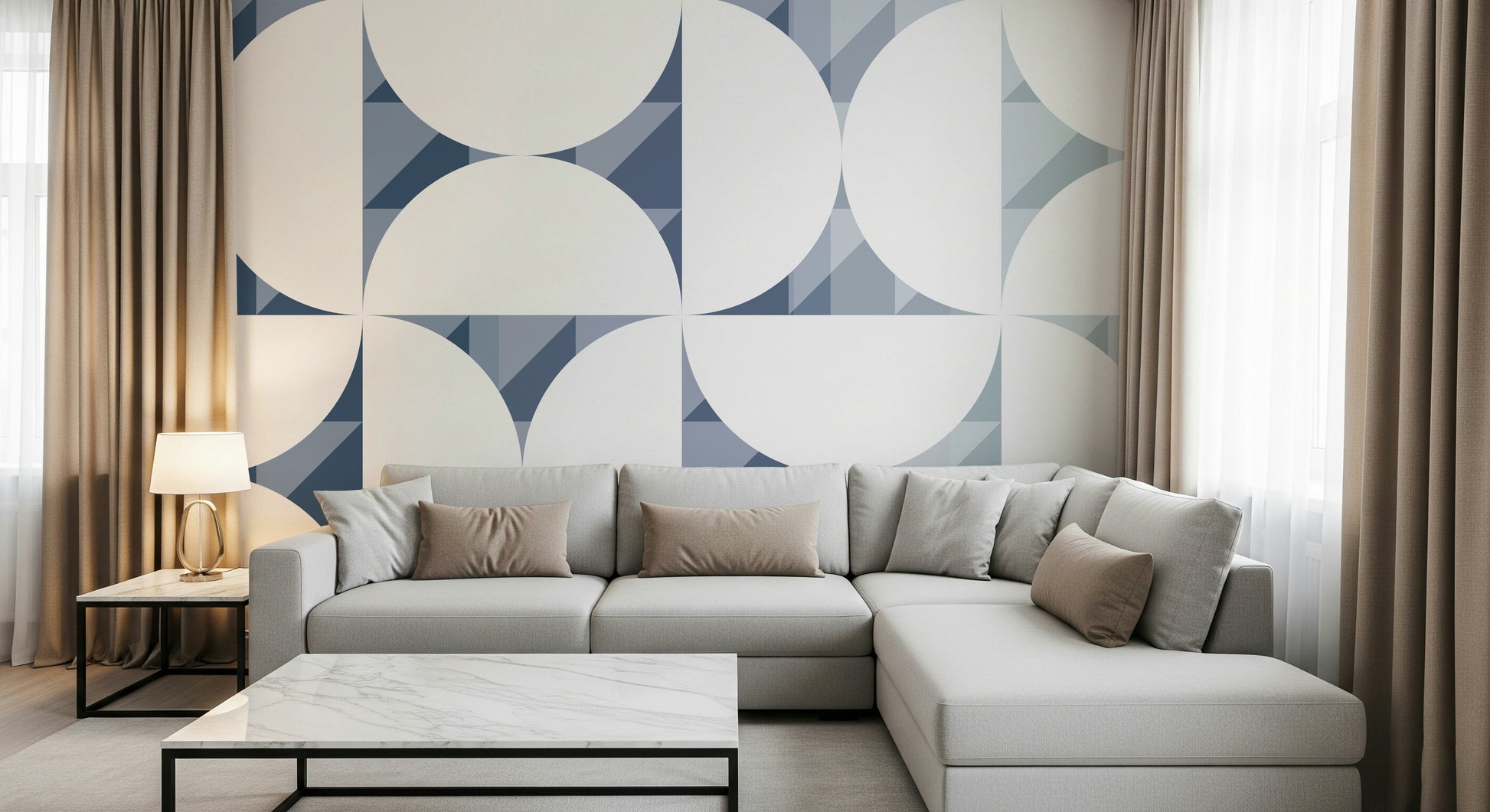 A contemplative geometric design wallpaper mural for a feature wall.