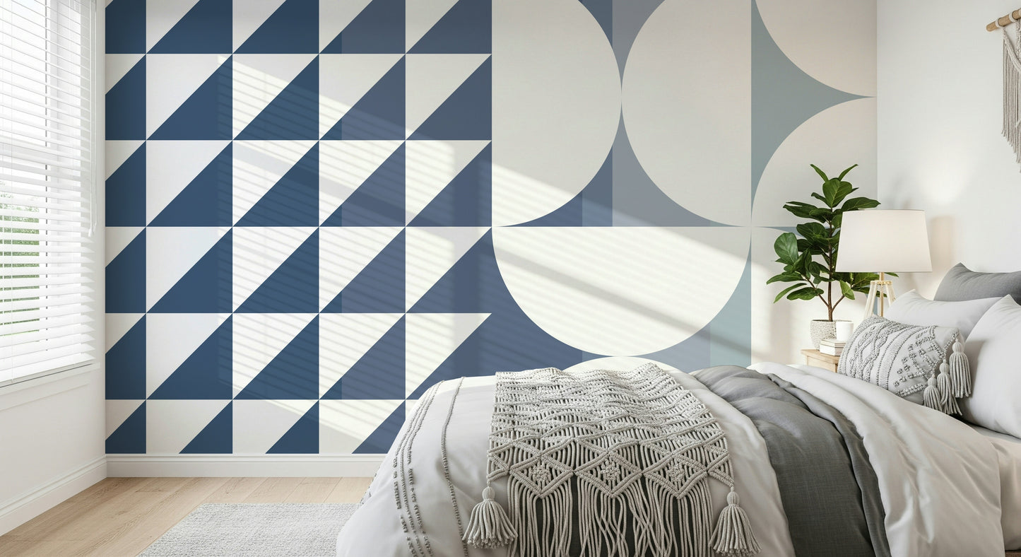 A contemplative geometric design wallpaper mural for a feature wall.