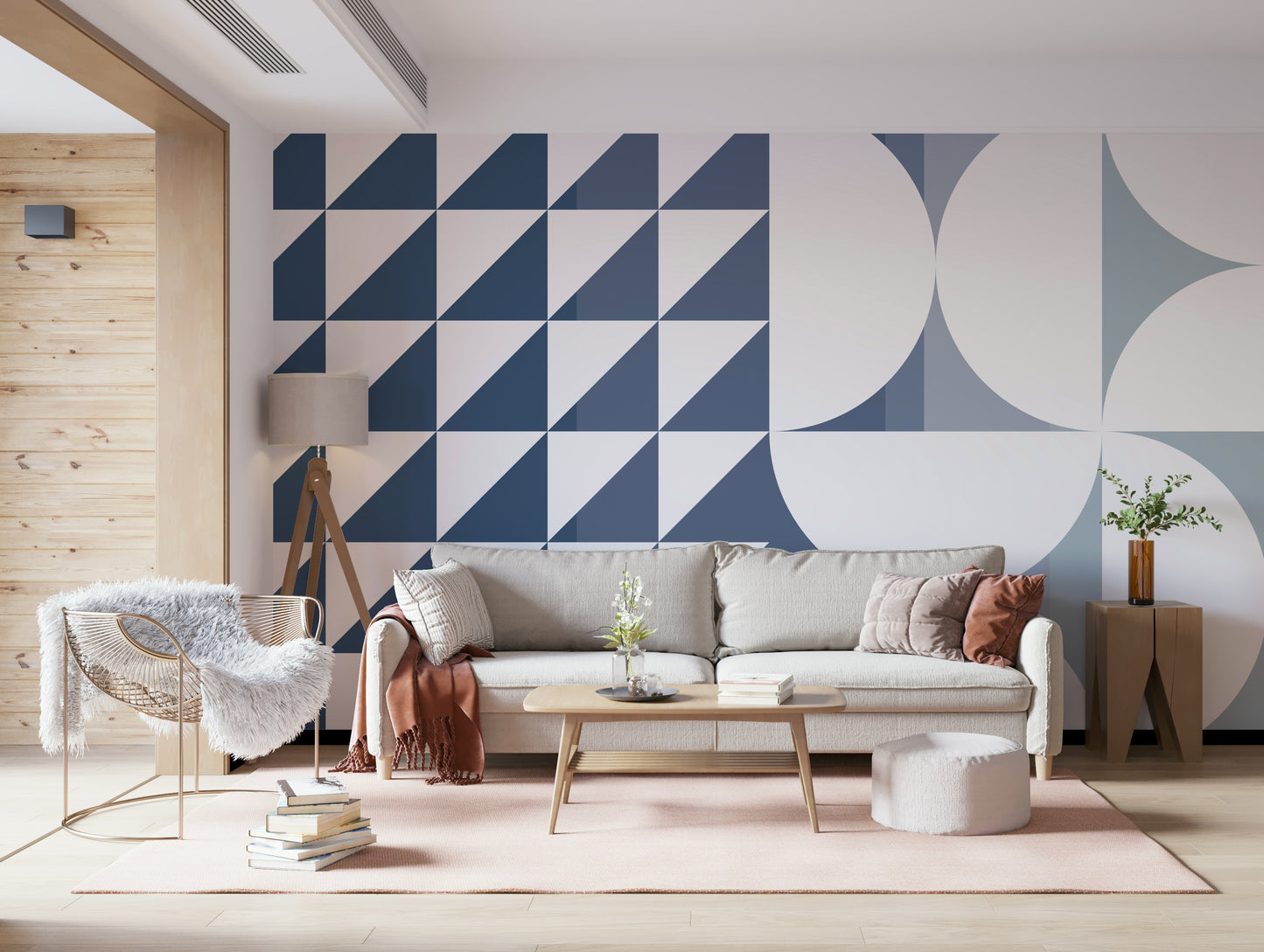 An artistic abstract shape mural on minimalist wallpaper.
