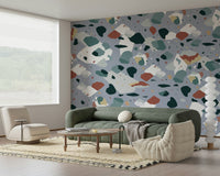 A peaceful speckled pattern mural on decorative wallpaper.