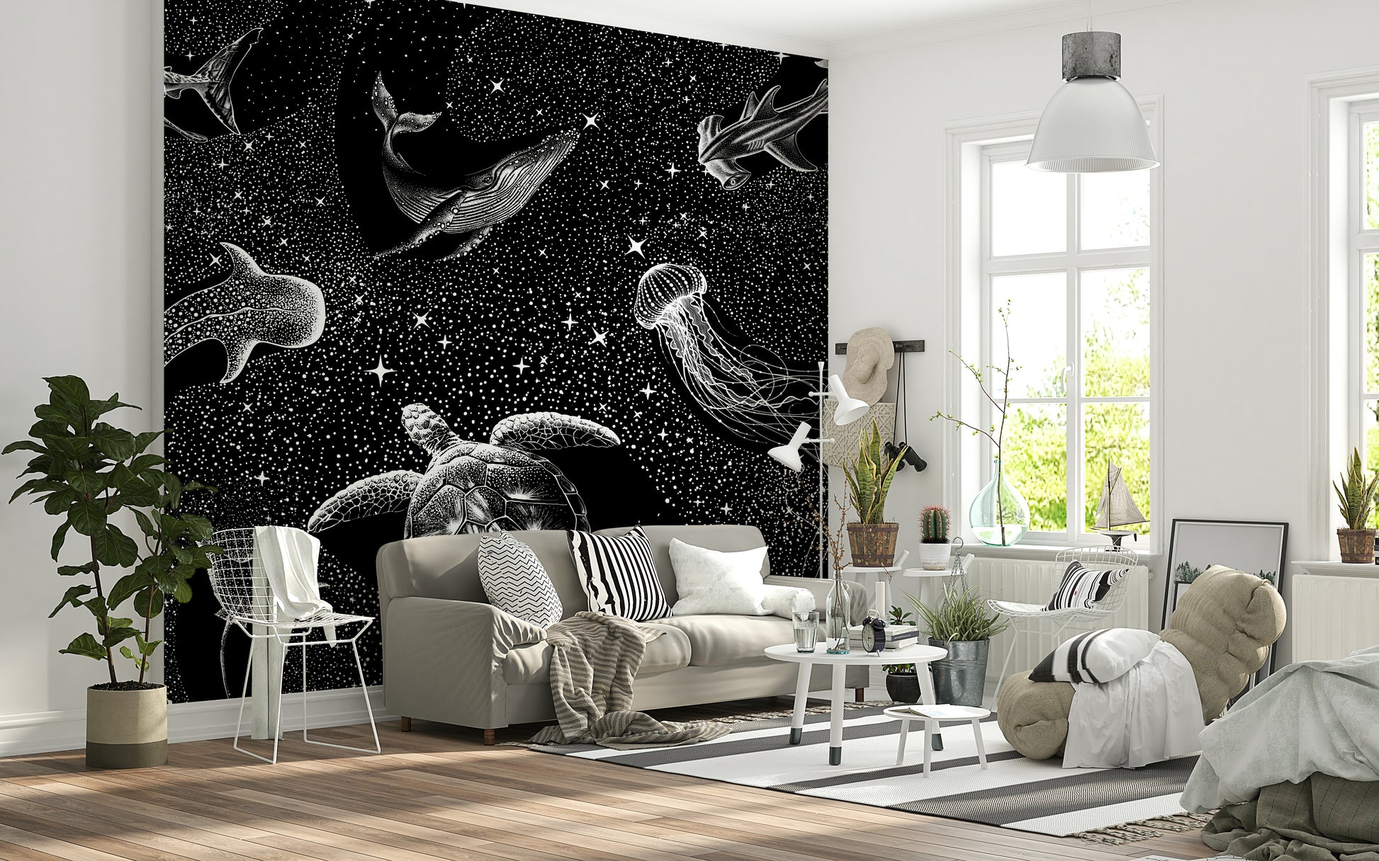 A calming celestial design wallpaper mural that defines a space.
