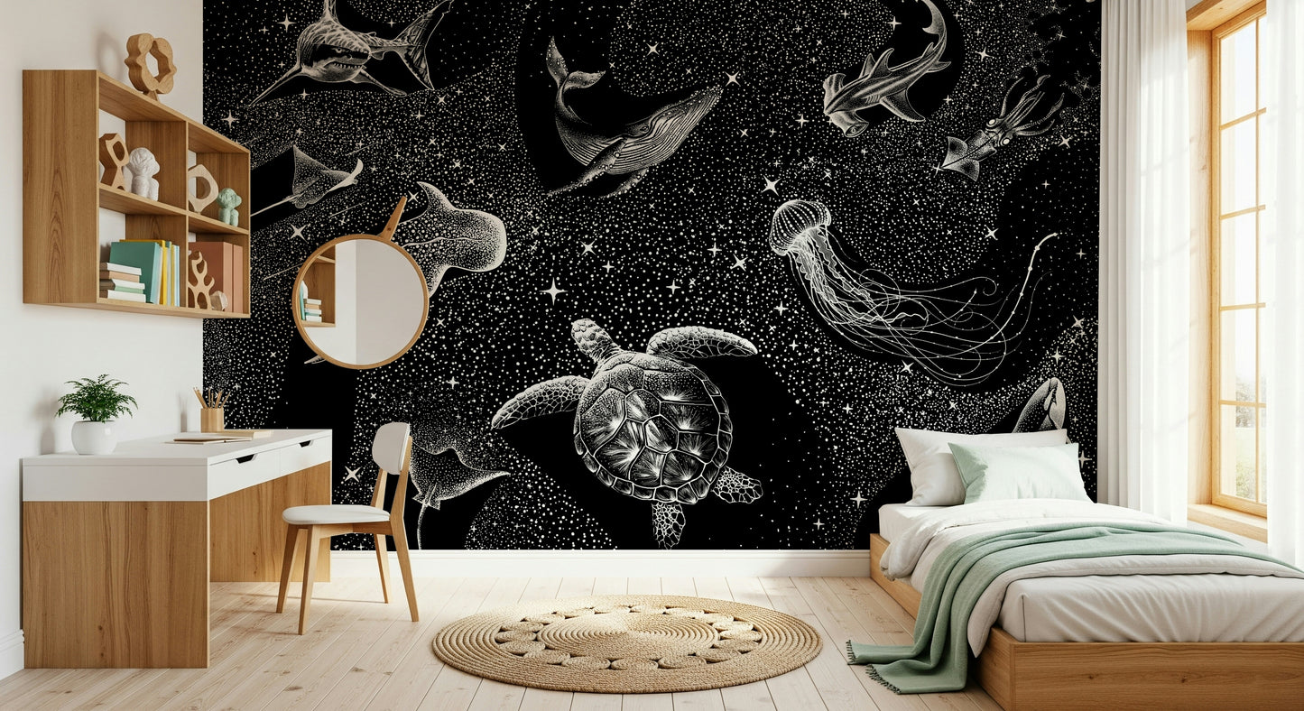 A graceful subtle star pattern wall mural in dark, dramatic tones.