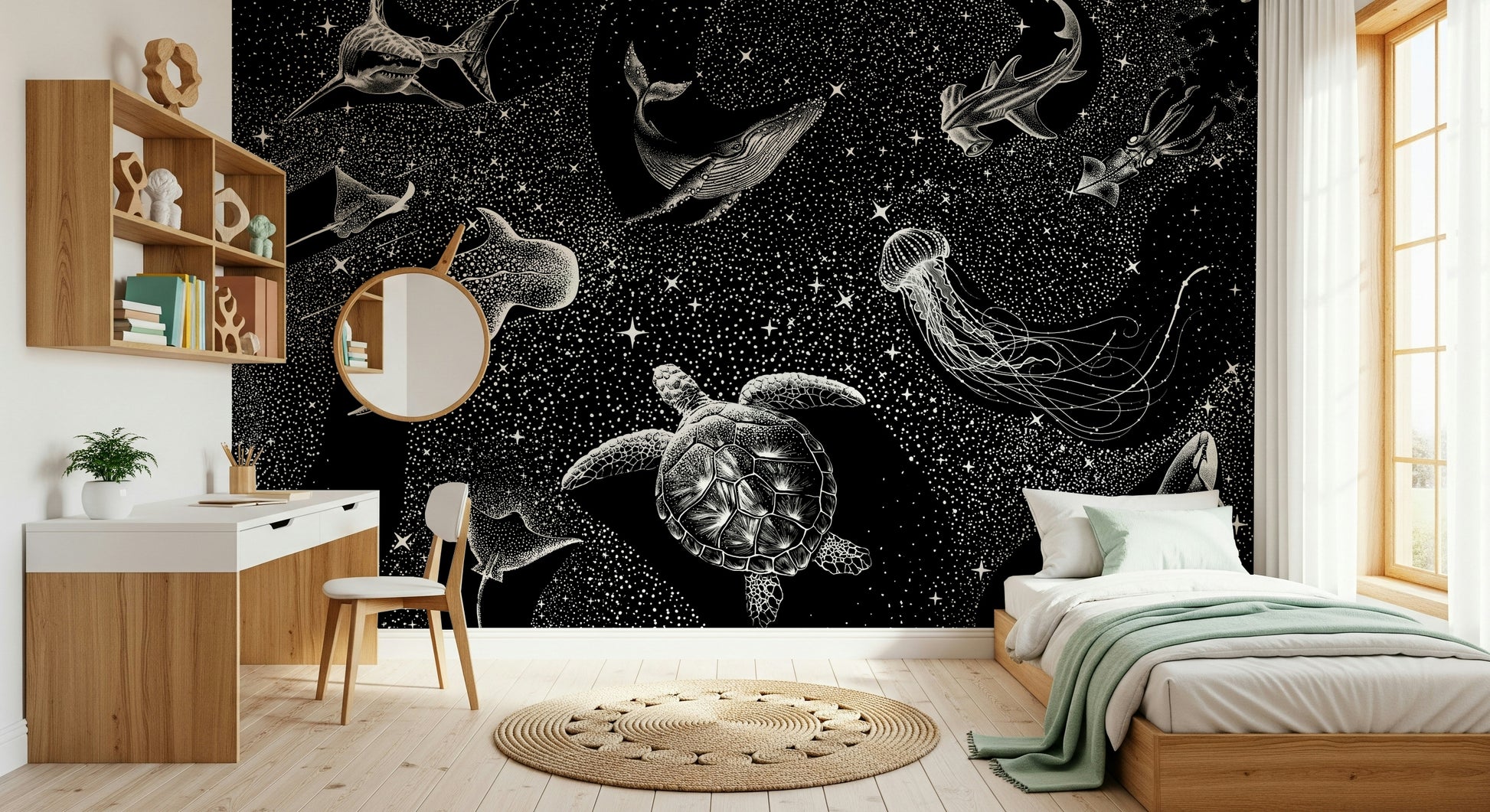 A graceful subtle star pattern wall mural in dark, dramatic tones.