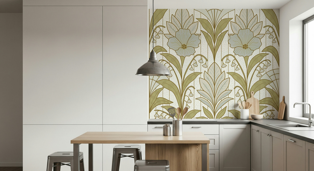 A beautiful Art Deco floral wallpaper mural featuring light lily of the valley.