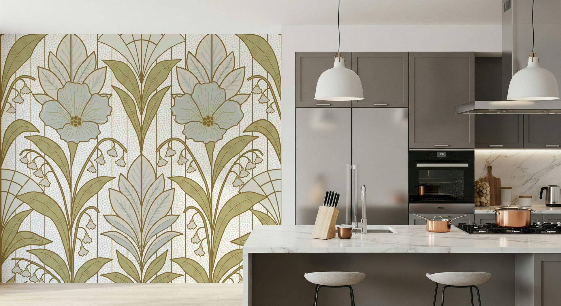 A graceful subtle flower wall mural in soft, elegant tones.