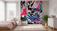 A peaceful modern abstract mural on decorative wallpaper.