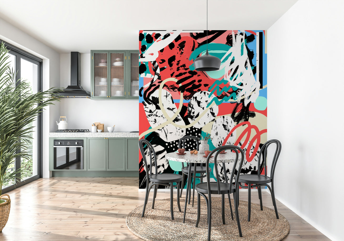 A calming celestial design wallpaper mural that defines a space.