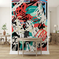 An artistic abstract moon mural on minimalist wallpaper.