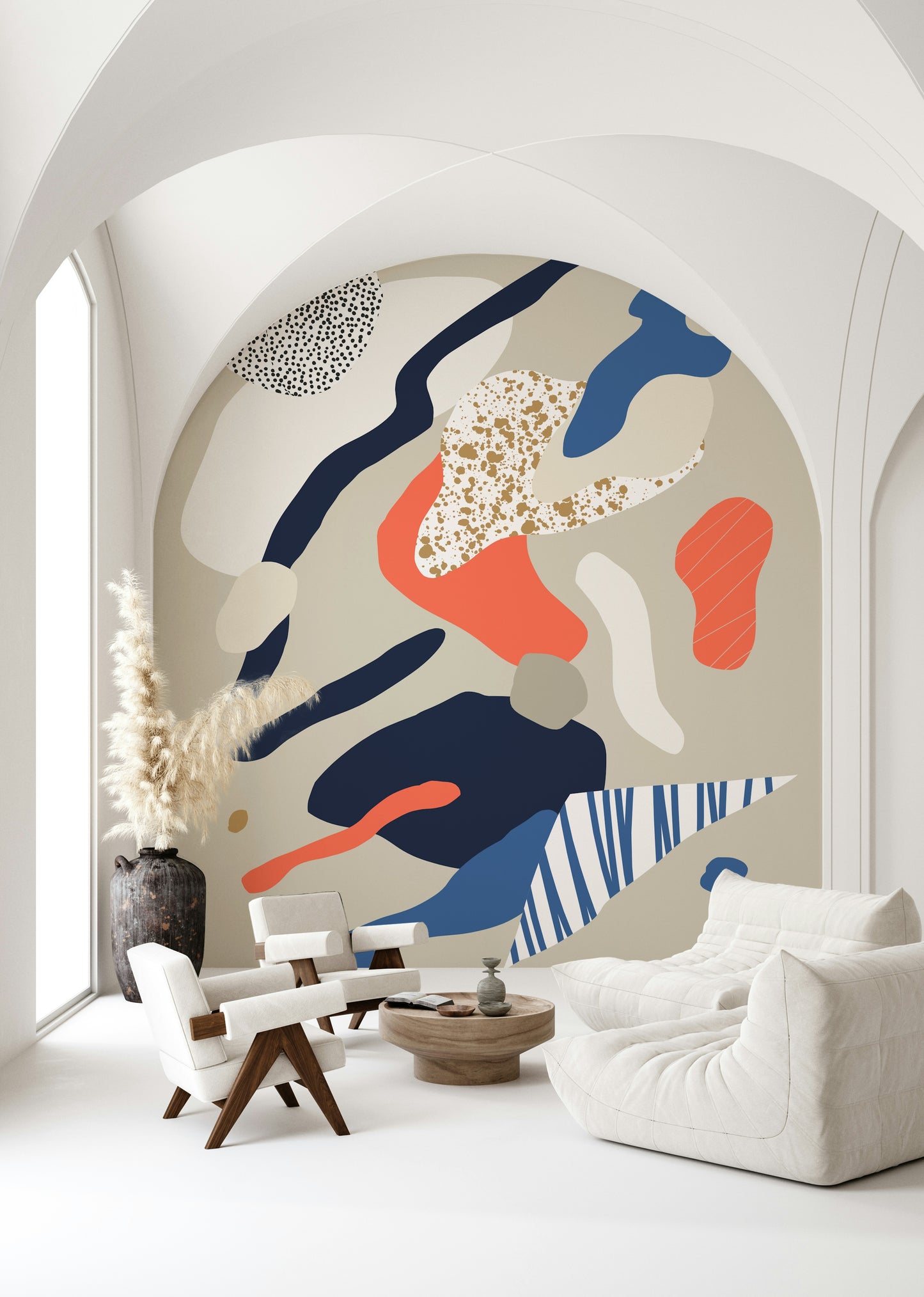 A peaceful modern abstract mural on decorative wallpaper.