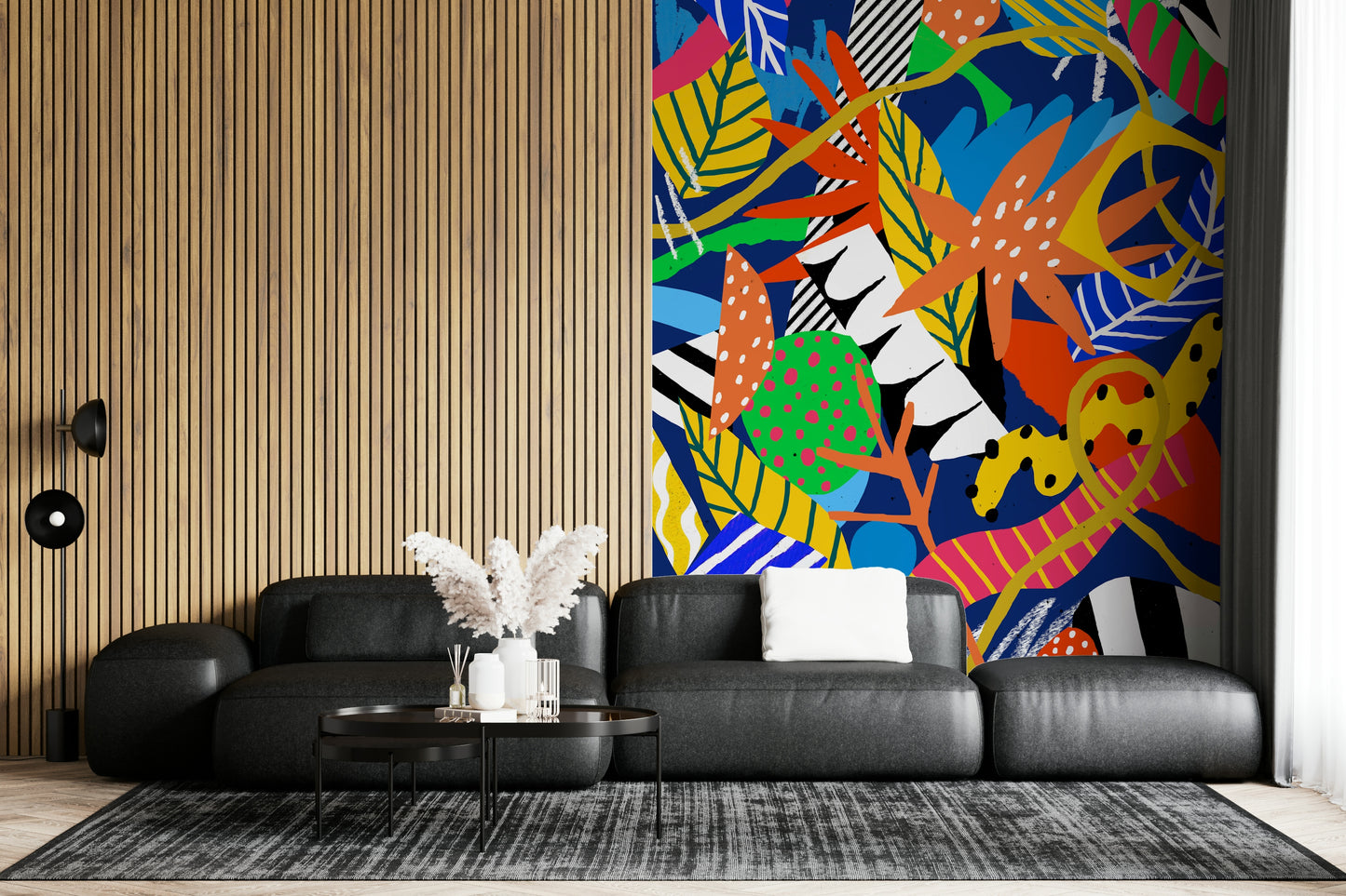 A peaceful wide-angle mural on decorative wallpaper.

