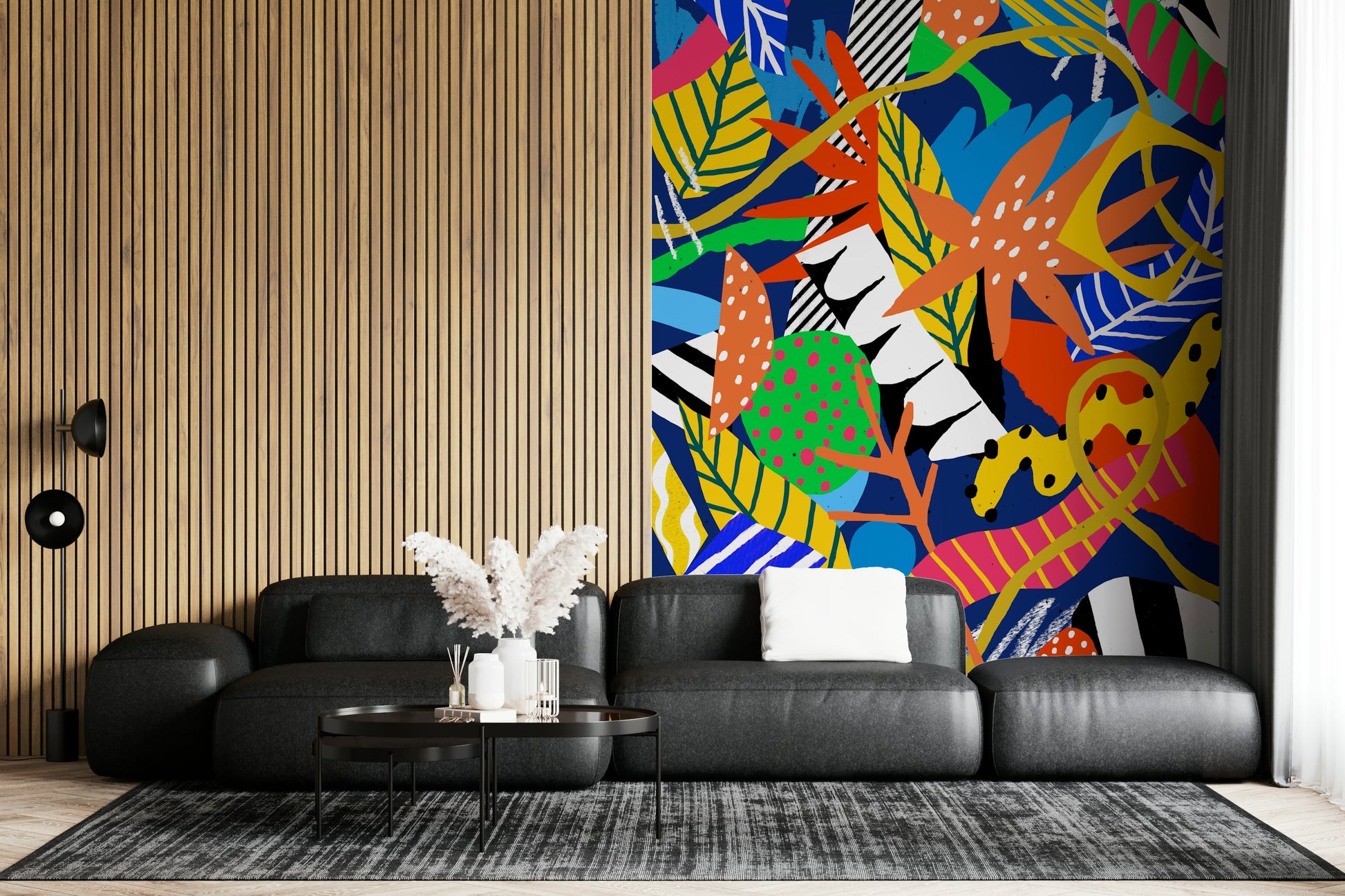 A peaceful wide-angle mural on decorative wallpaper.

