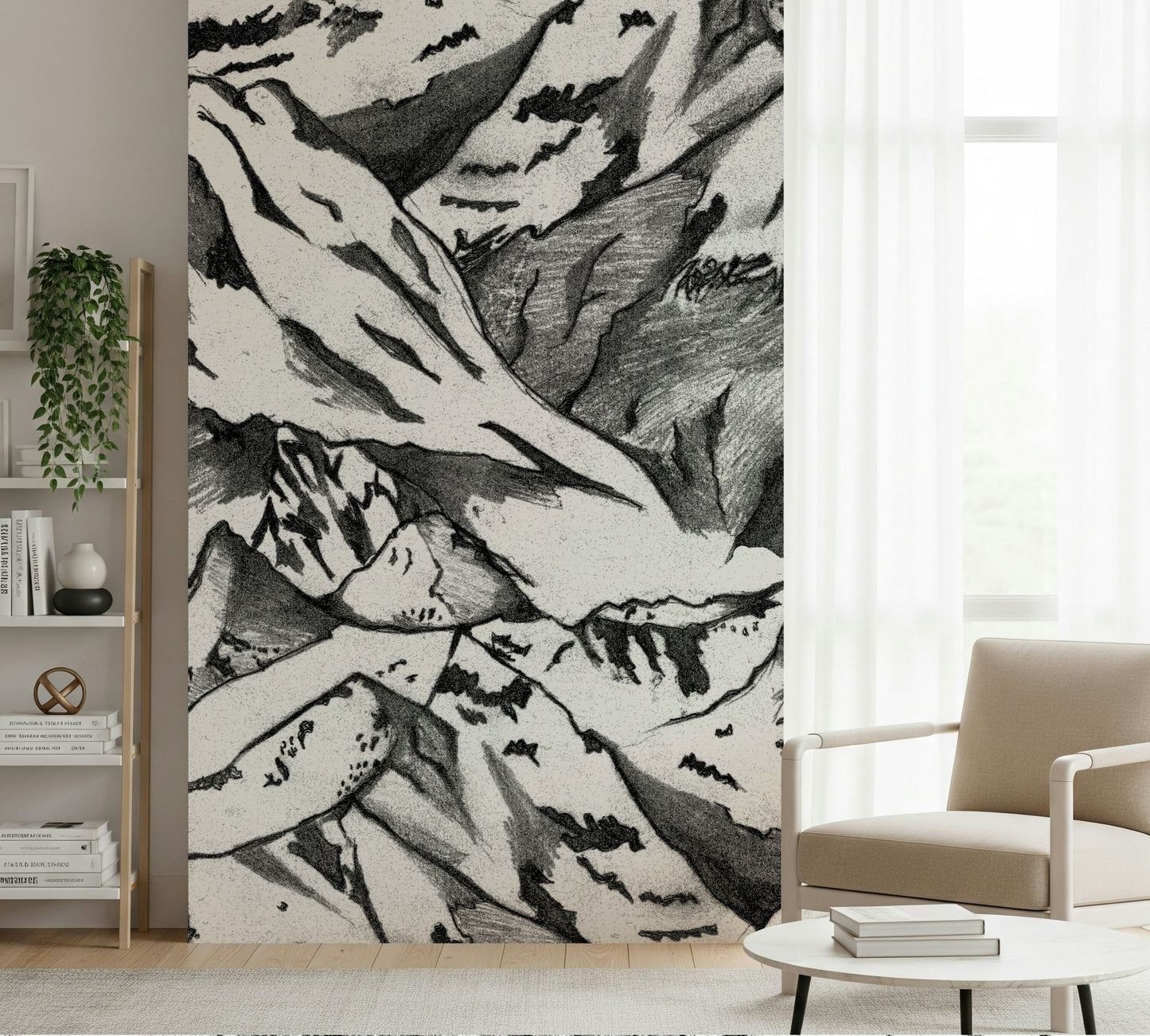 A peaceful mountain range mural on decorative wallpaper.

