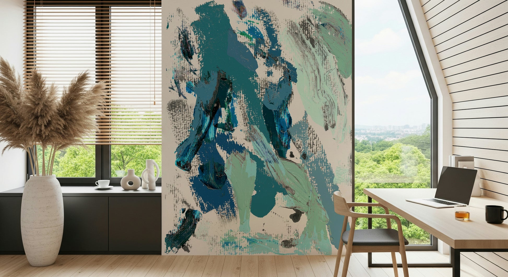 A beautiful modern art wall mural for a living room.

