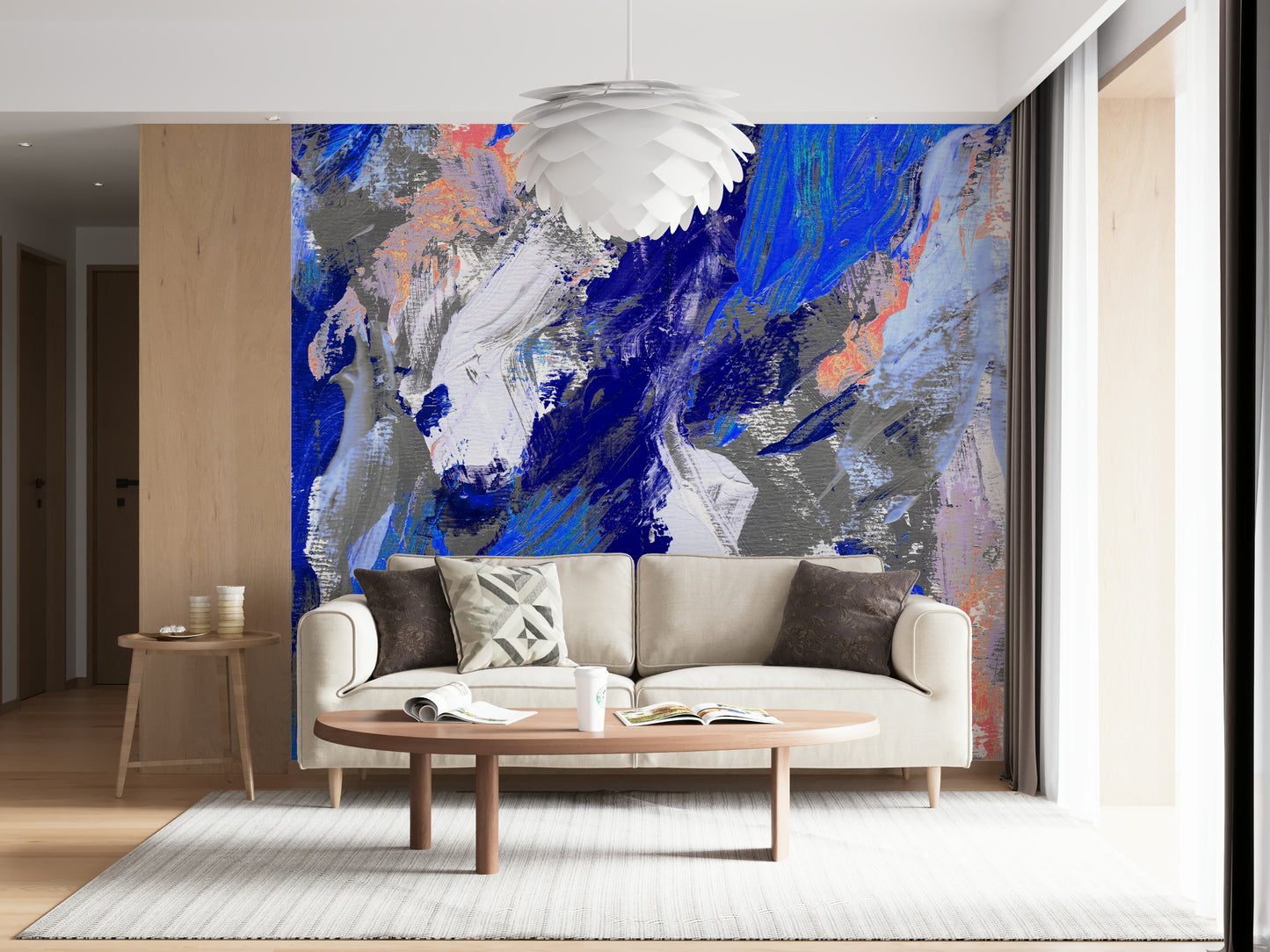 A graceful modern abstract wall mural in warm, earth tones.

