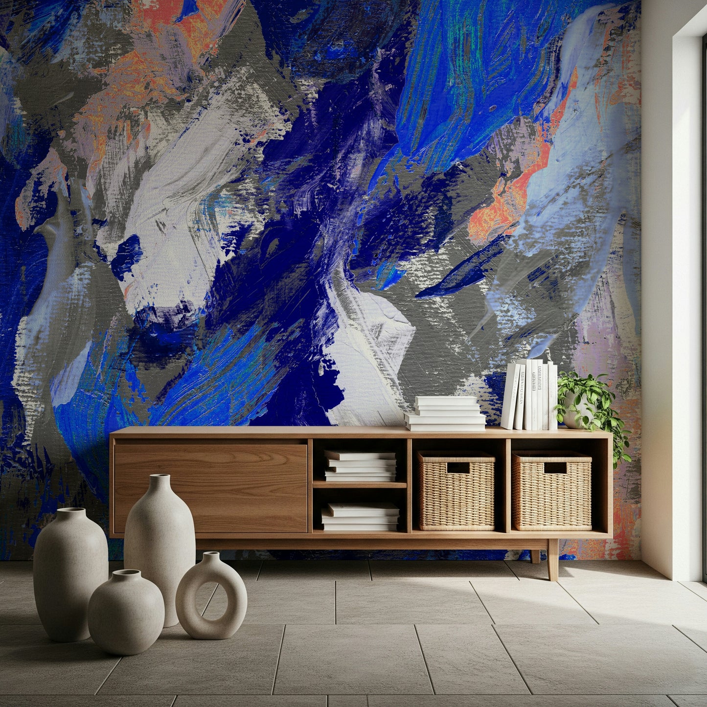 A peaceful geometric design mural on decorative wallpaper.

