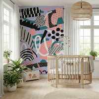 A peaceful geometric abstract mural on decorative wallpaper.

