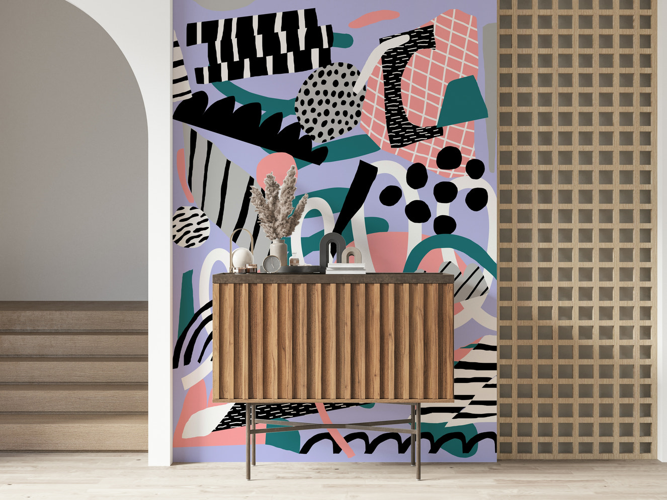 A beautiful abstract purple wallpaper mural with floating shapes.

