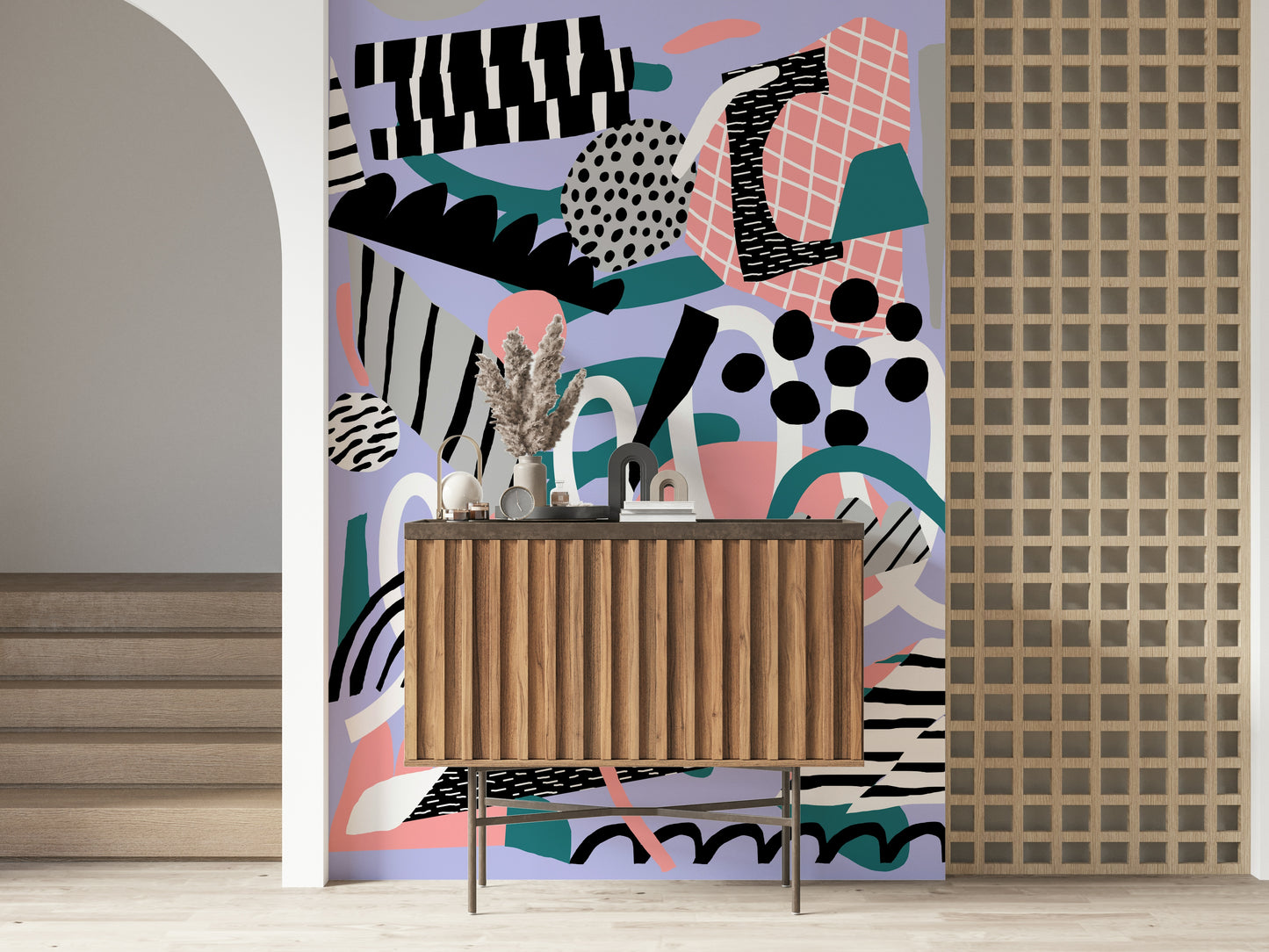 A beautiful abstract purple wallpaper mural with floating shapes.

