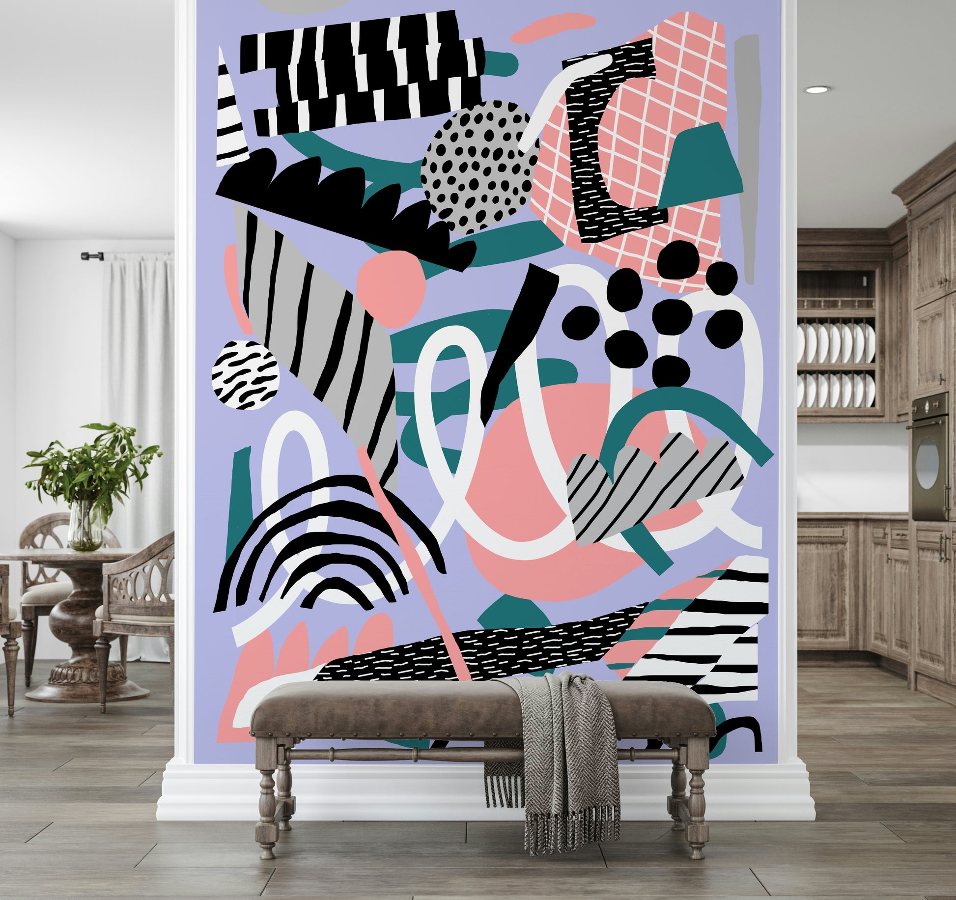 An artistic abstract cloud mural on minimalist wallpaper.

