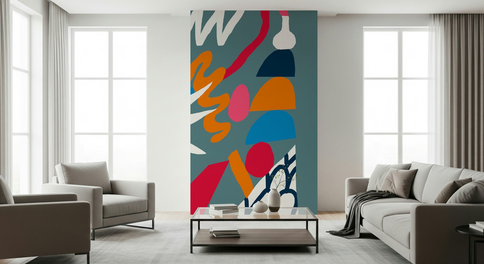 An artistic dynamic reaction mural on minimalist wallpaper.

