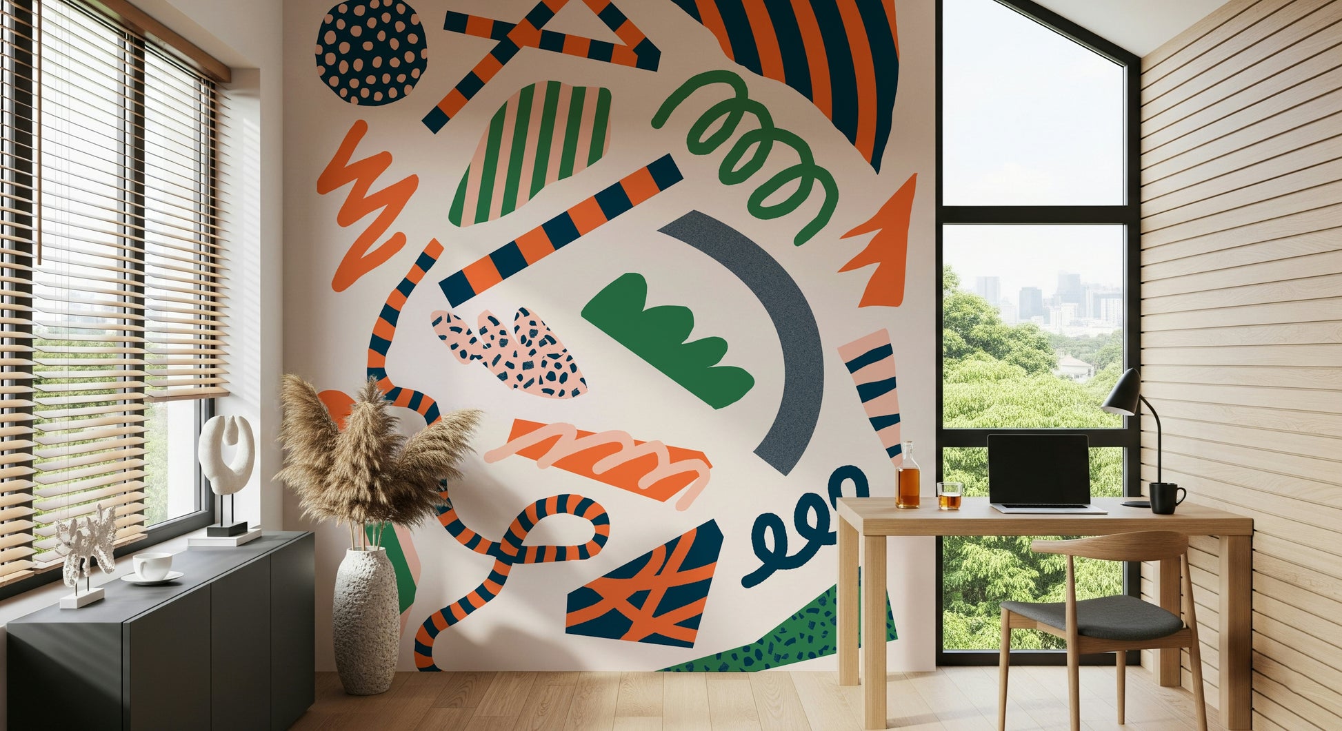 A peaceful geometric design mural on decorative wallpaper.

