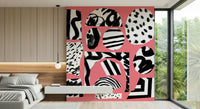 An artistic vibrant flamingo mural on minimalist wallpaper.

