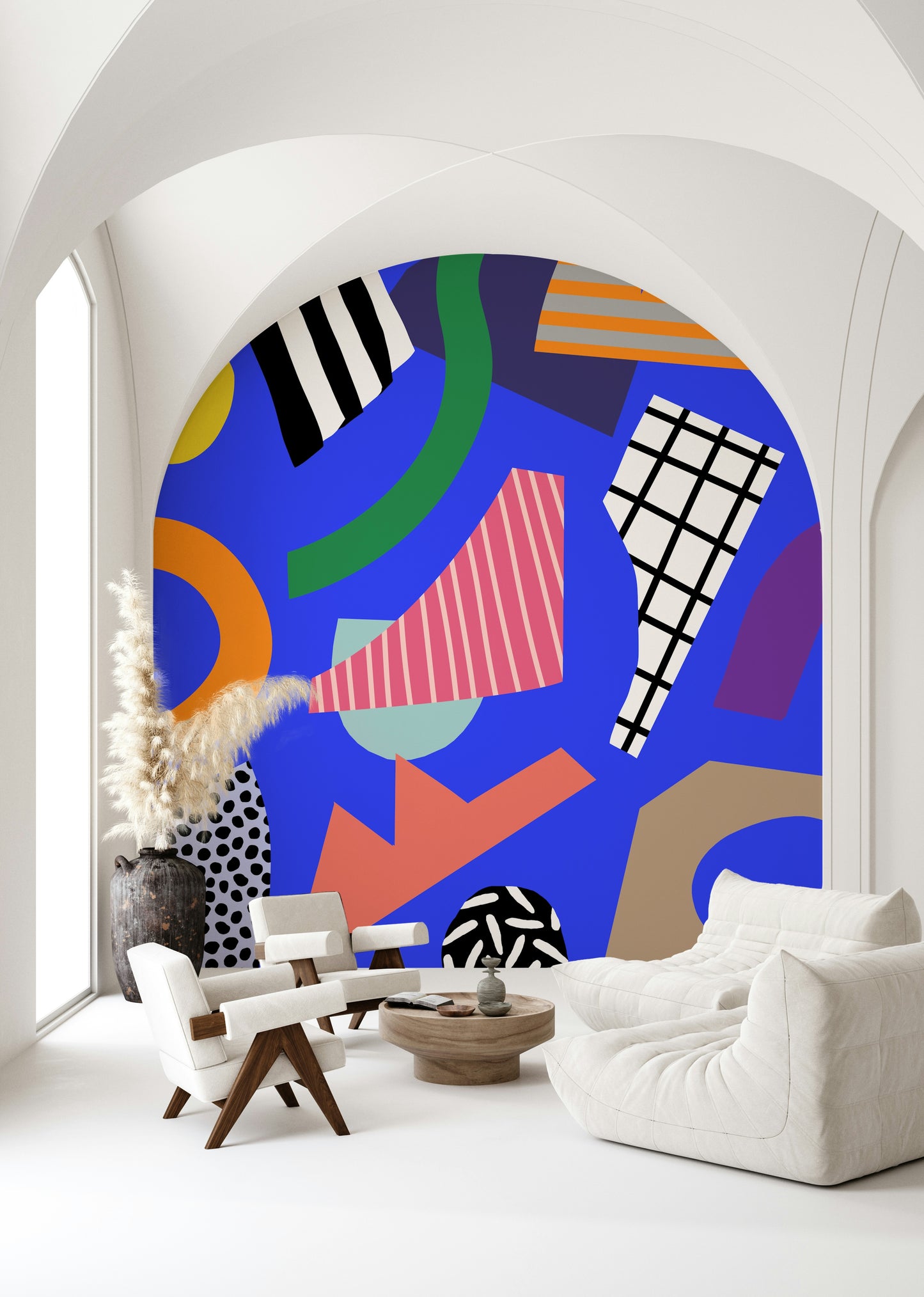 An artistic minimalist shape mural for home decor.

