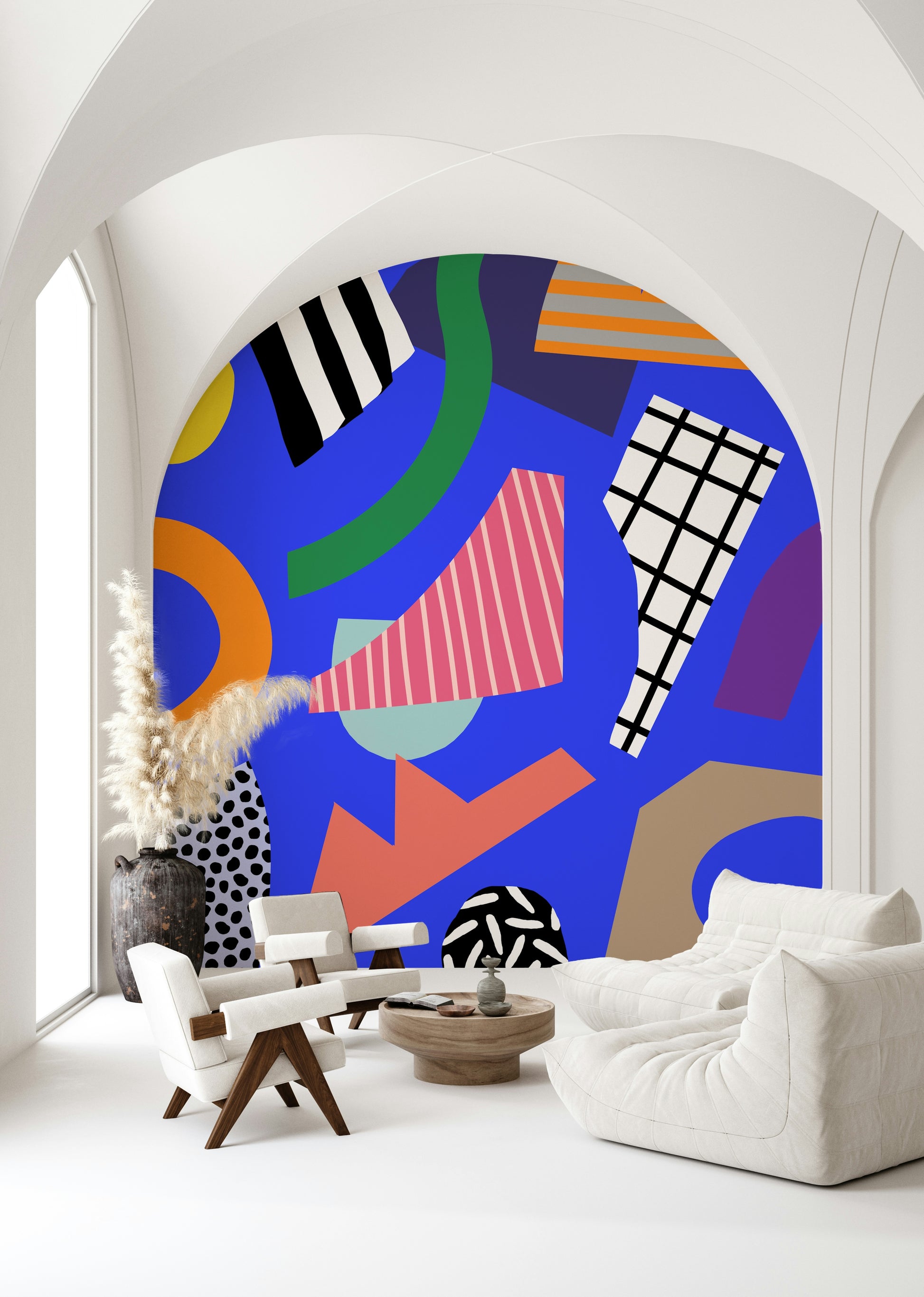 An artistic minimalist shape mural for home decor.

