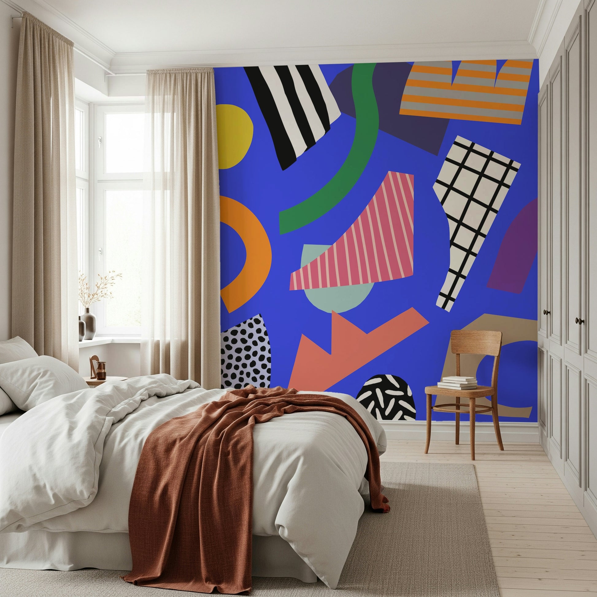 An artistic spontaneous design mural on minimalist wallpaper.

