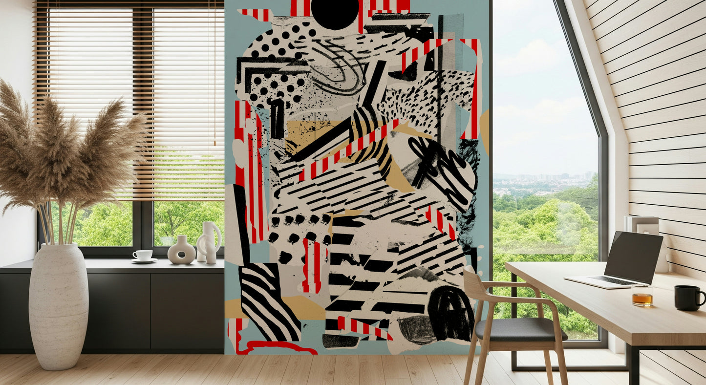 An artistic abstract stone mural on luxury wallpaper.

