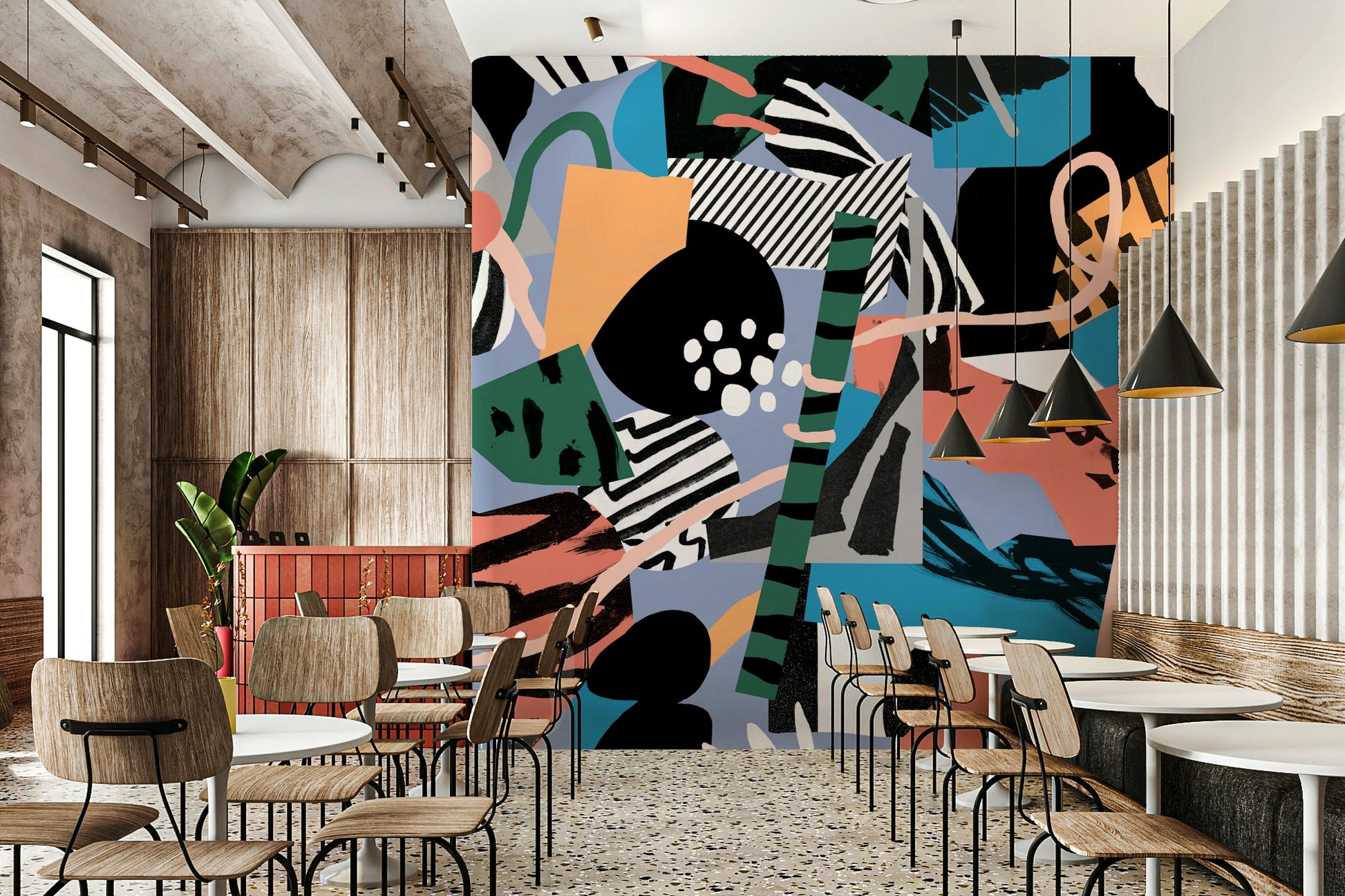 An artistic minimalist form mural for home decor.

