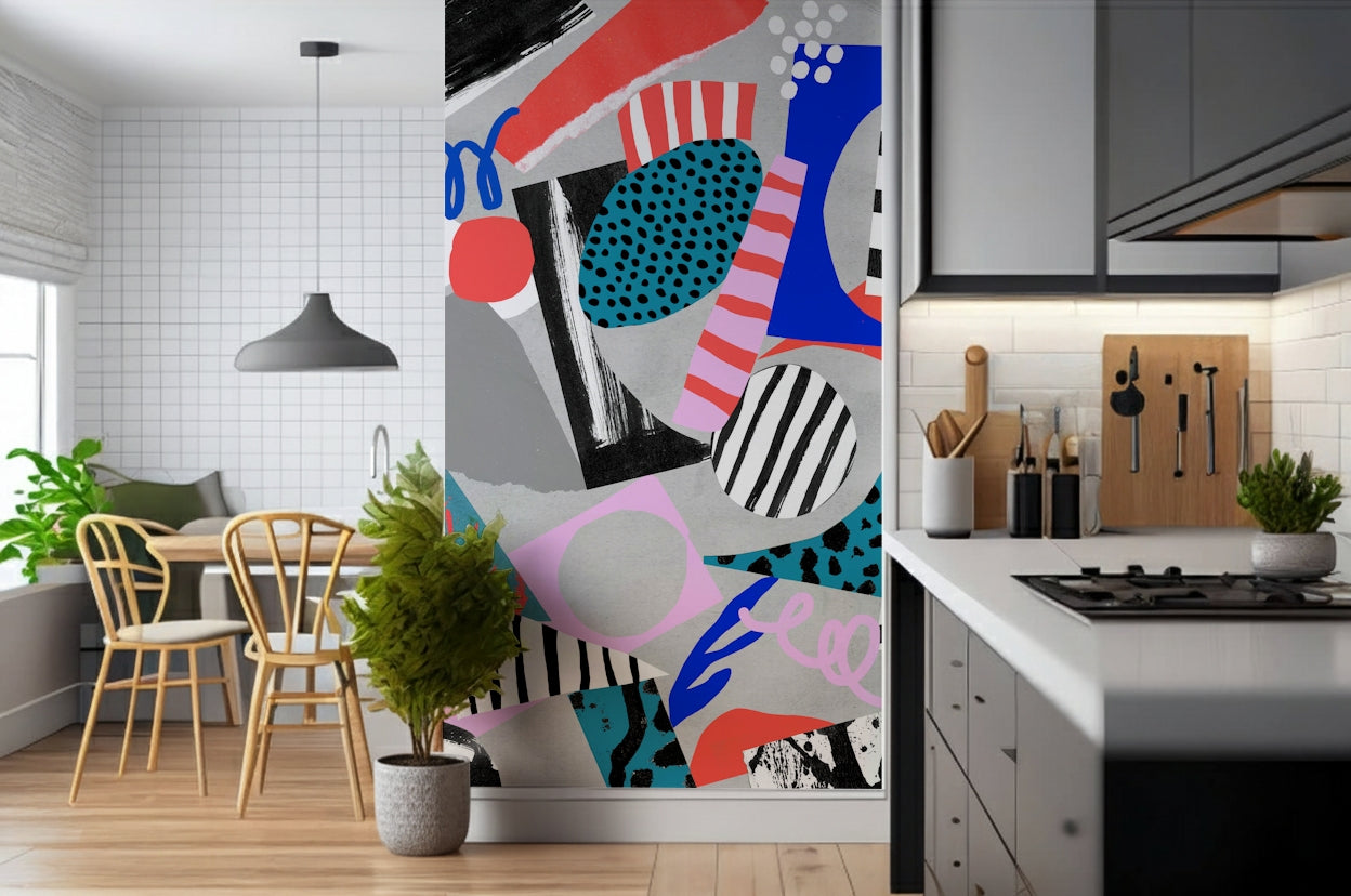 An artistic abstract shape mural on minimalist wallpaper.

