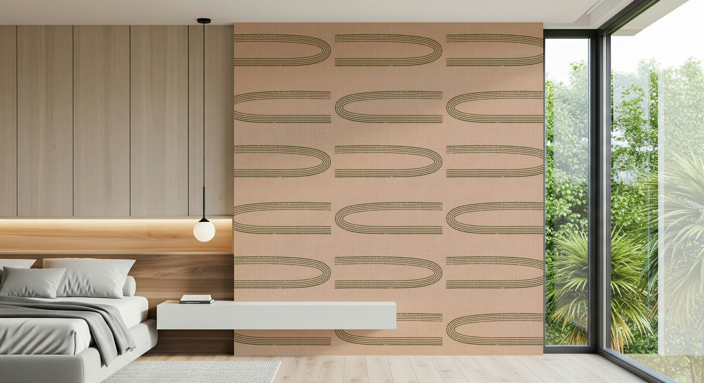 A graceful subtle geometric wall mural in soft, elegant tones.

