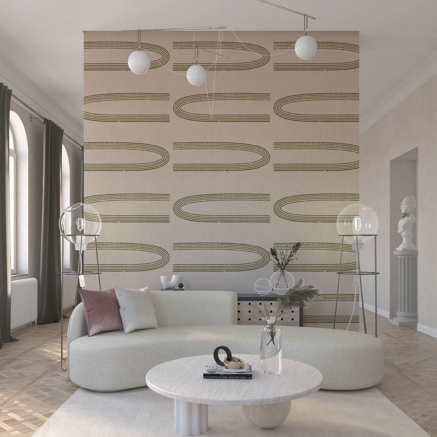 A graceful subtle geometric wall mural in cool, natural tones.

