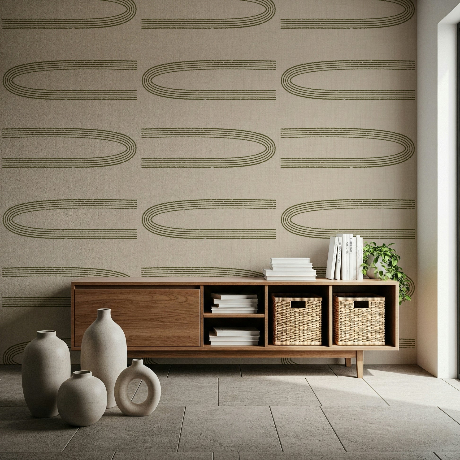 A beautiful mid-century geometric wallpaper mural in sage and olive.

