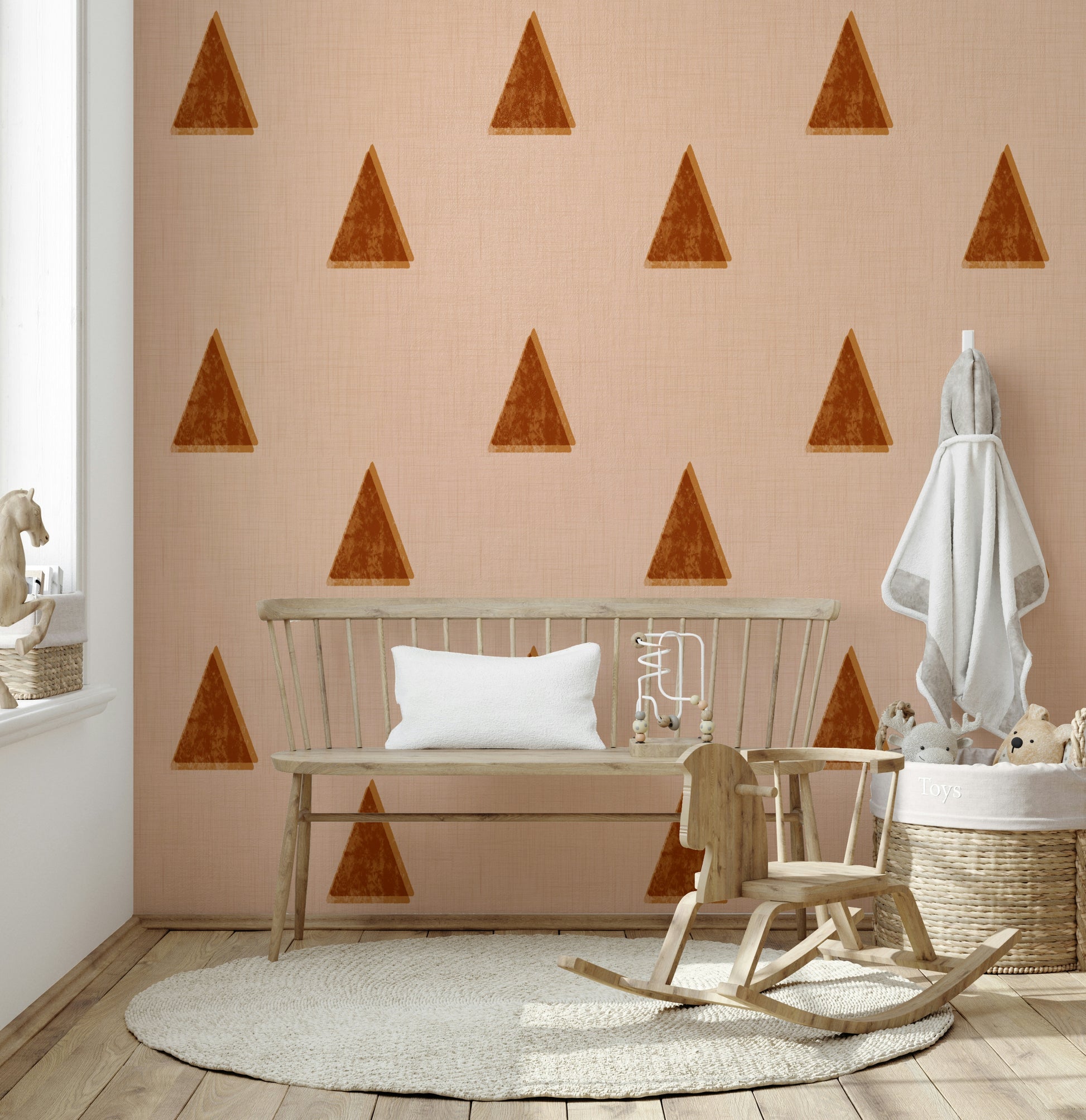 An artistic mid century modern mural on elegant wallpaper.

