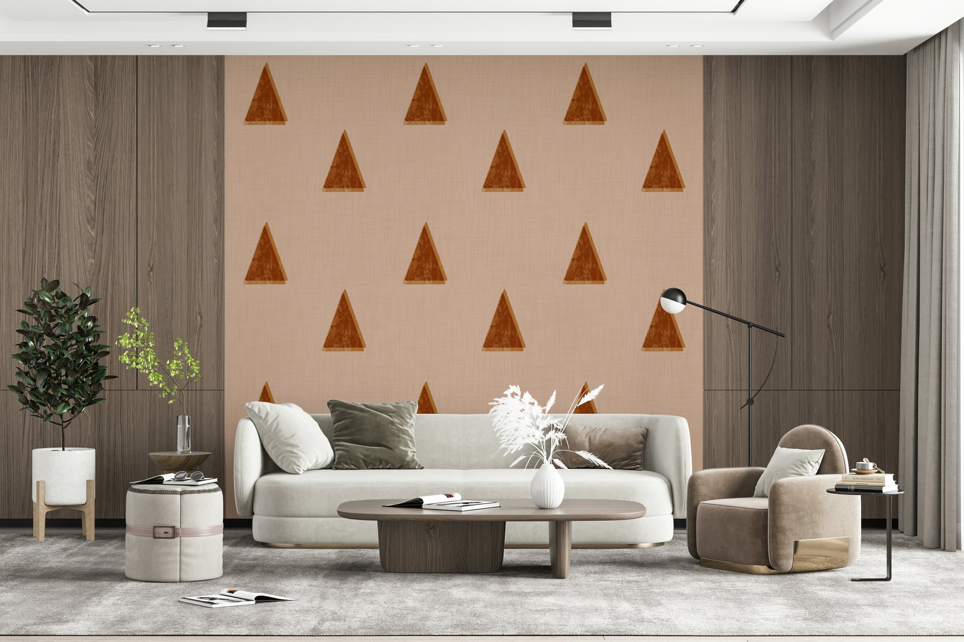 A calming Japandi design wallpaper mural that defines a space.

