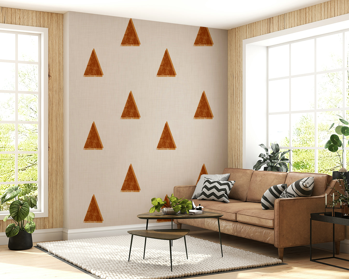 A beautiful Japandi triangle wallpaper mural with subtle trees.

