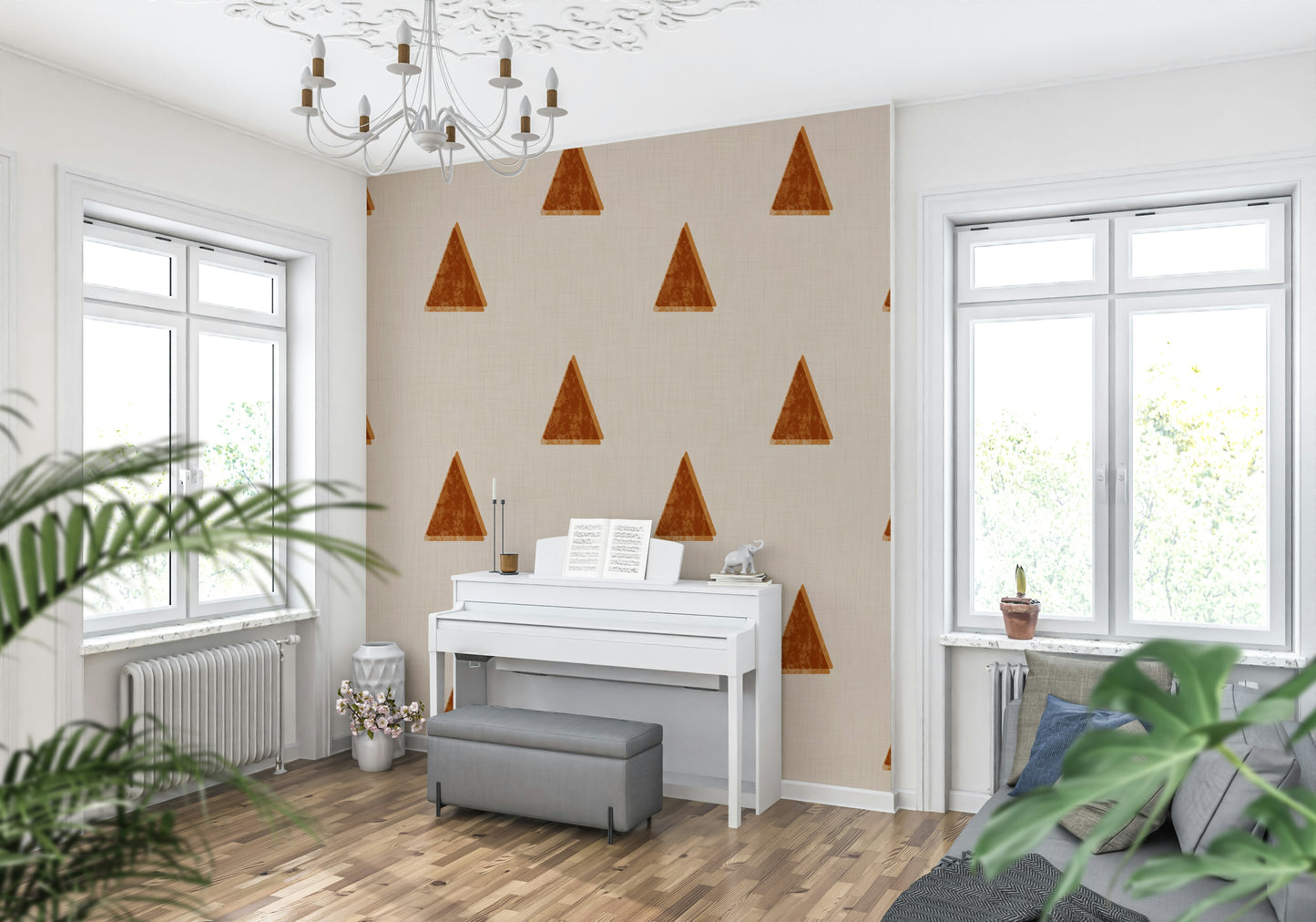 A beautiful modern art wall mural of geometric trees.

