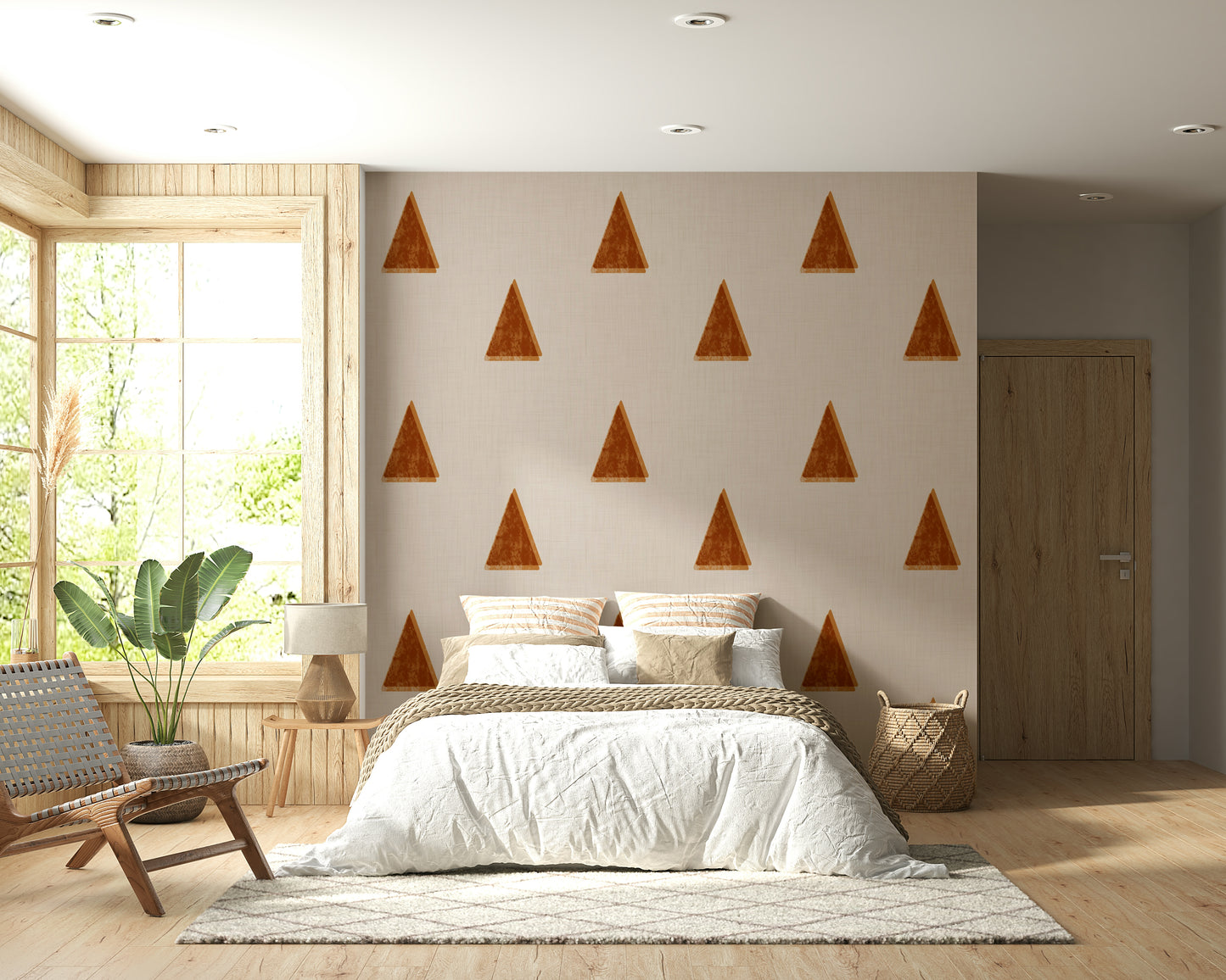 A graceful subtle geometric wall mural in soft, neutral tones.

