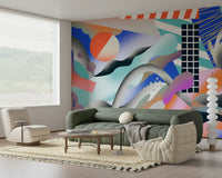 A graceful subtle abstract wall mural in cool, natural tones.

