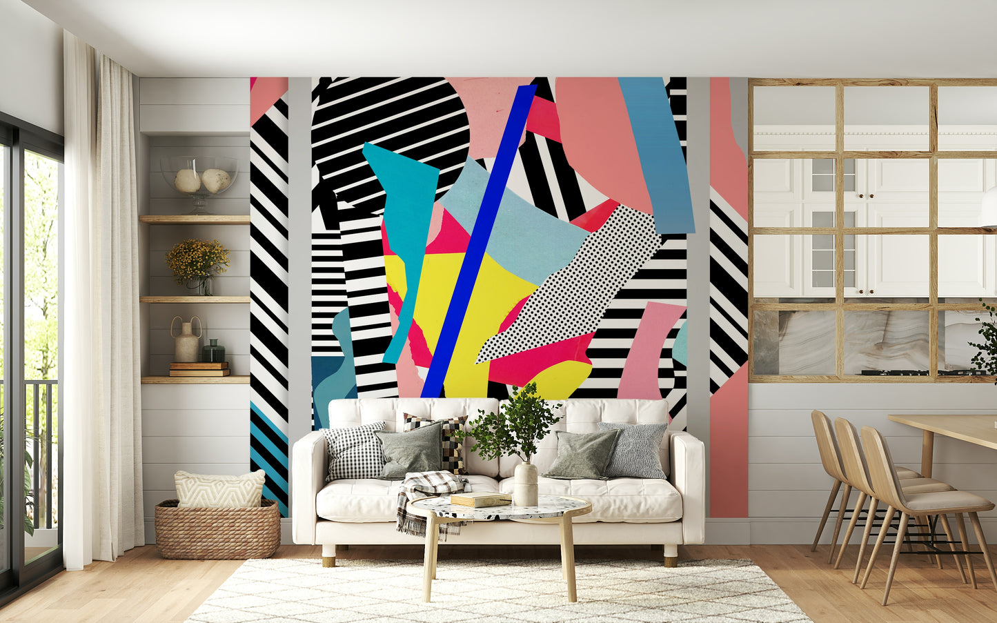 An artistic explorer motif mural on minimalist wallpaper.