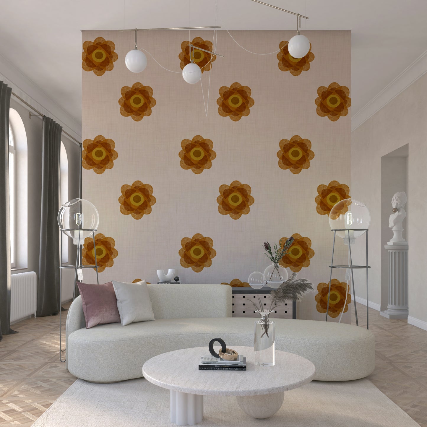A beautiful Japandi floral wallpaper mural with soft orange petals.