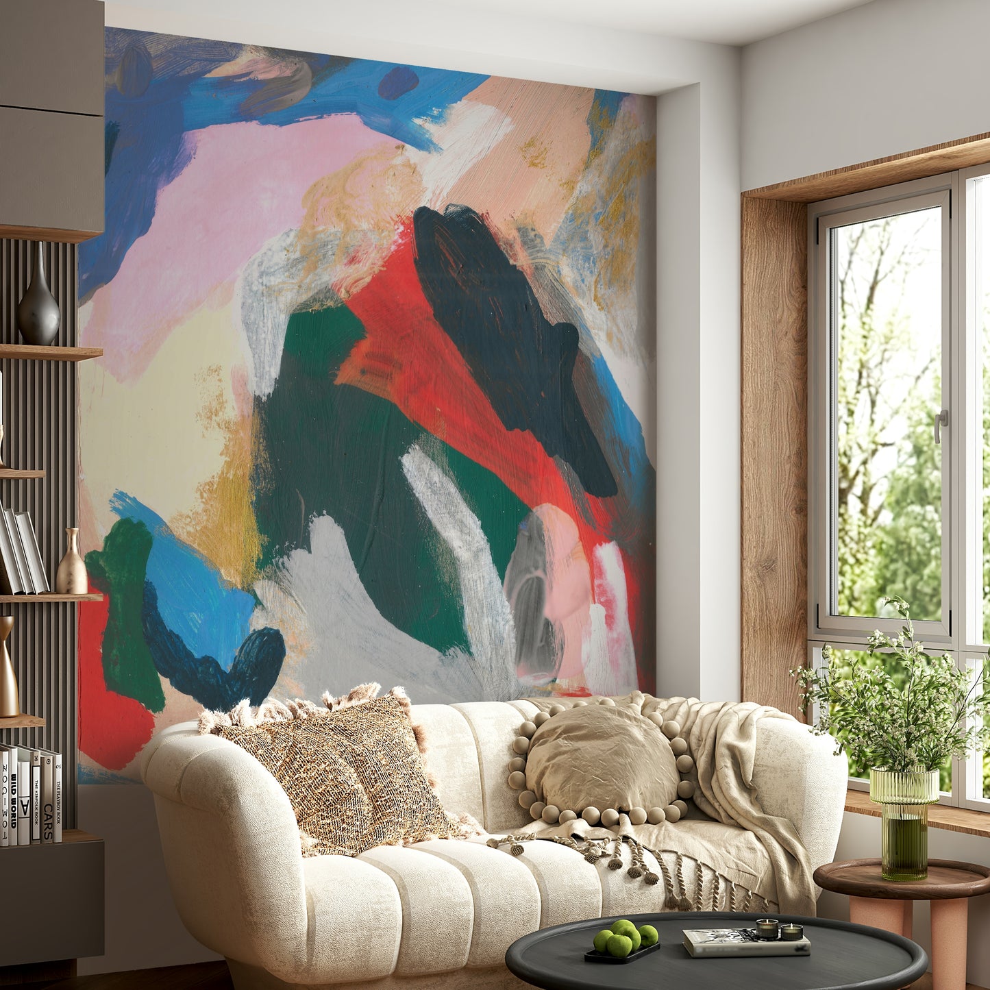 An artistic soft focus mural on minimalist wallpaper.