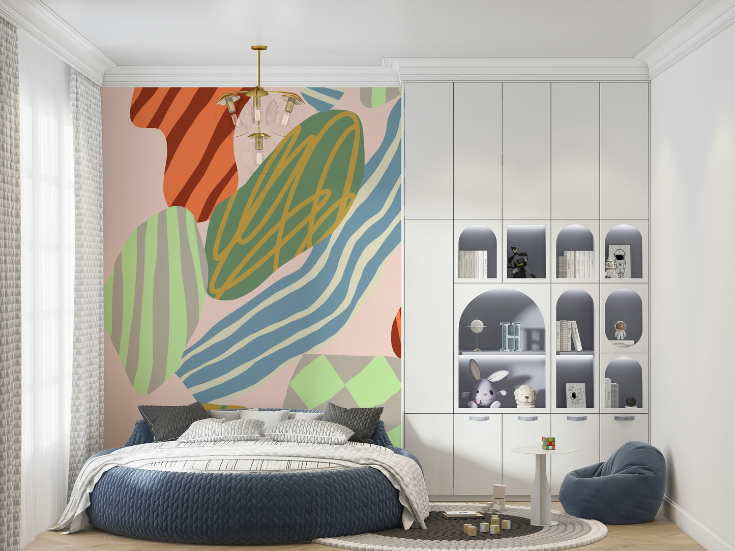 An artistic abstract pattern mural on minimalist wallpaper.