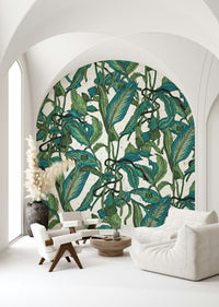 A beautiful serene green garden wallpaper mural for a modern home.