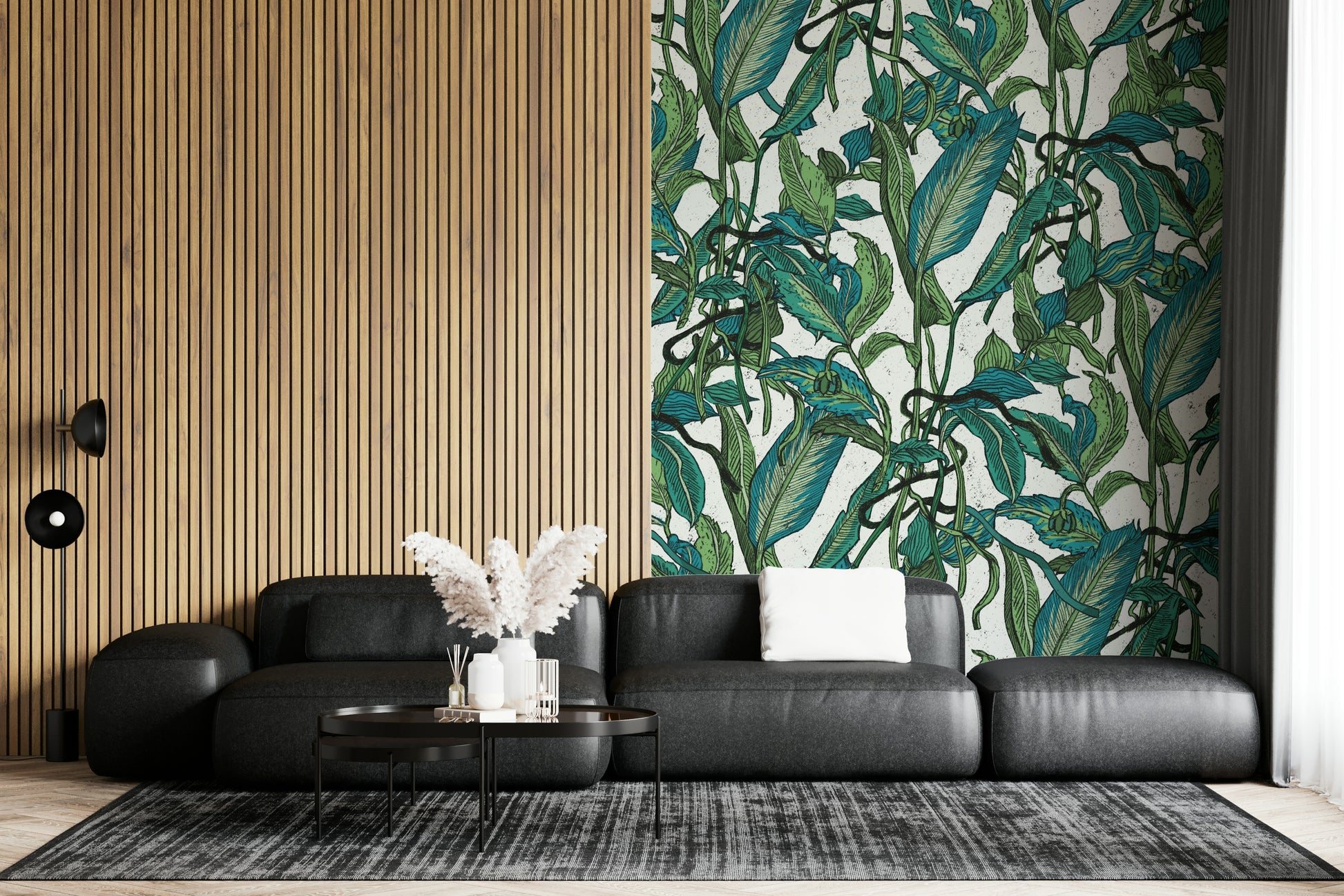 An artistic vibrant foliage mural on minimalist wallpaper.